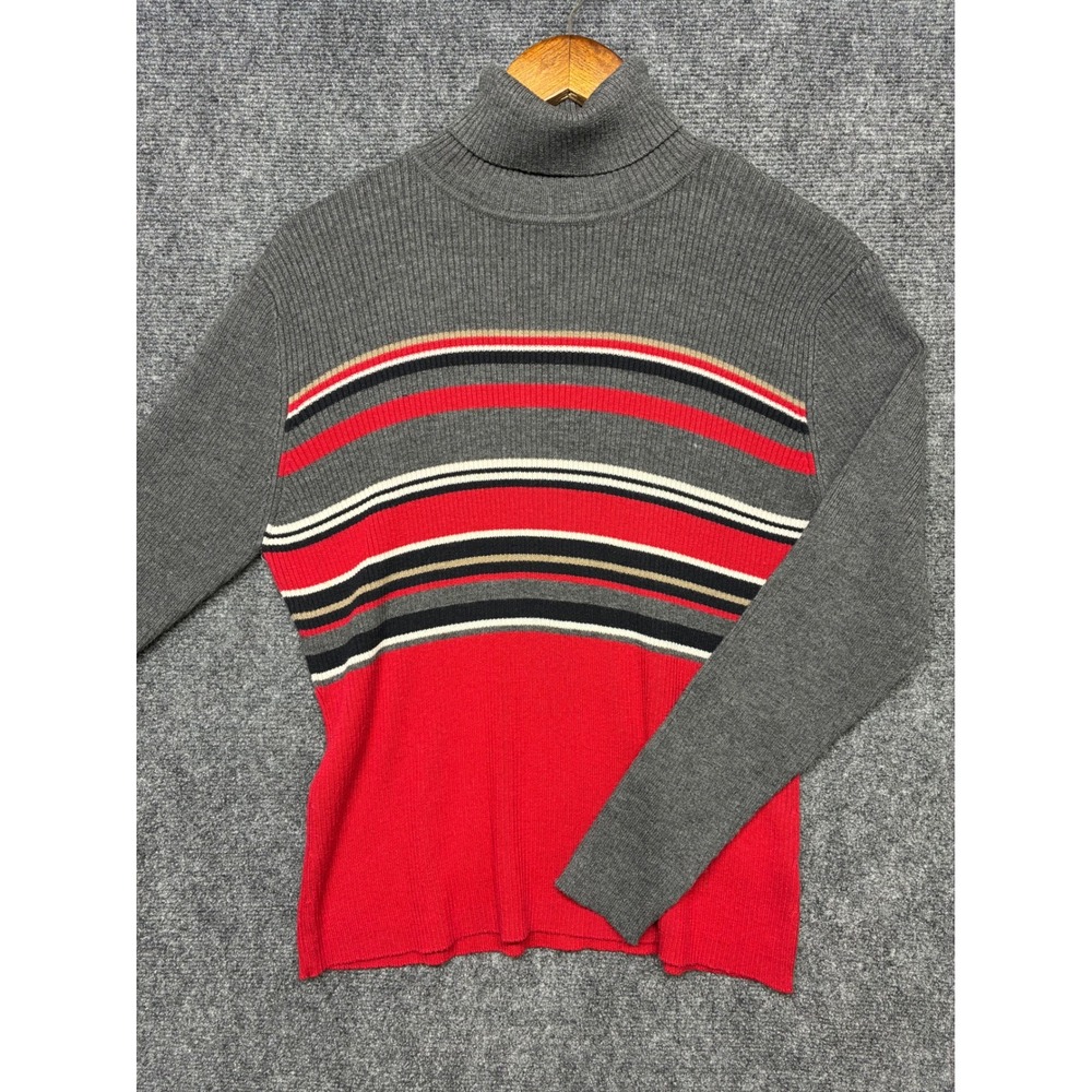 Vintage Hunt Club Turtleneck Sweater XL Gray Red Striped Colorblock Ribbed Knit